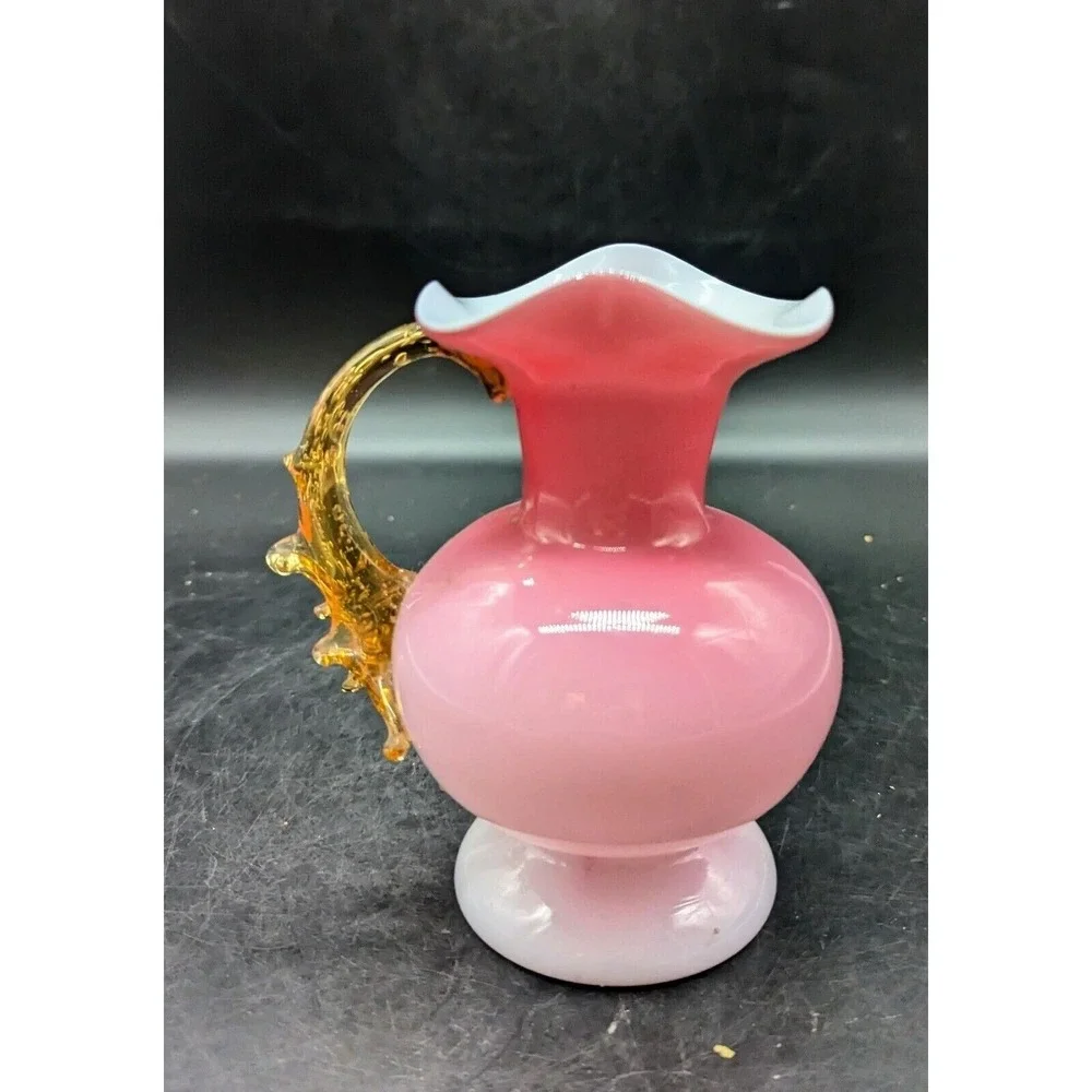 Stevens Williams Cased Peachblow Cranberry Glass Pitcher Thorn Amber Handle 5.75